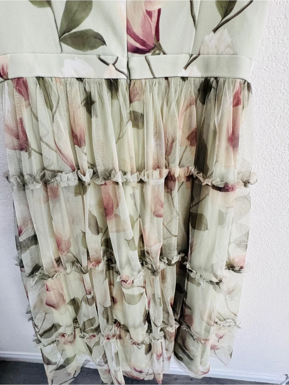 Adrianna PAPELL floral midi dress with square neck line, pale green 12 wedding - Picture 7 of 11